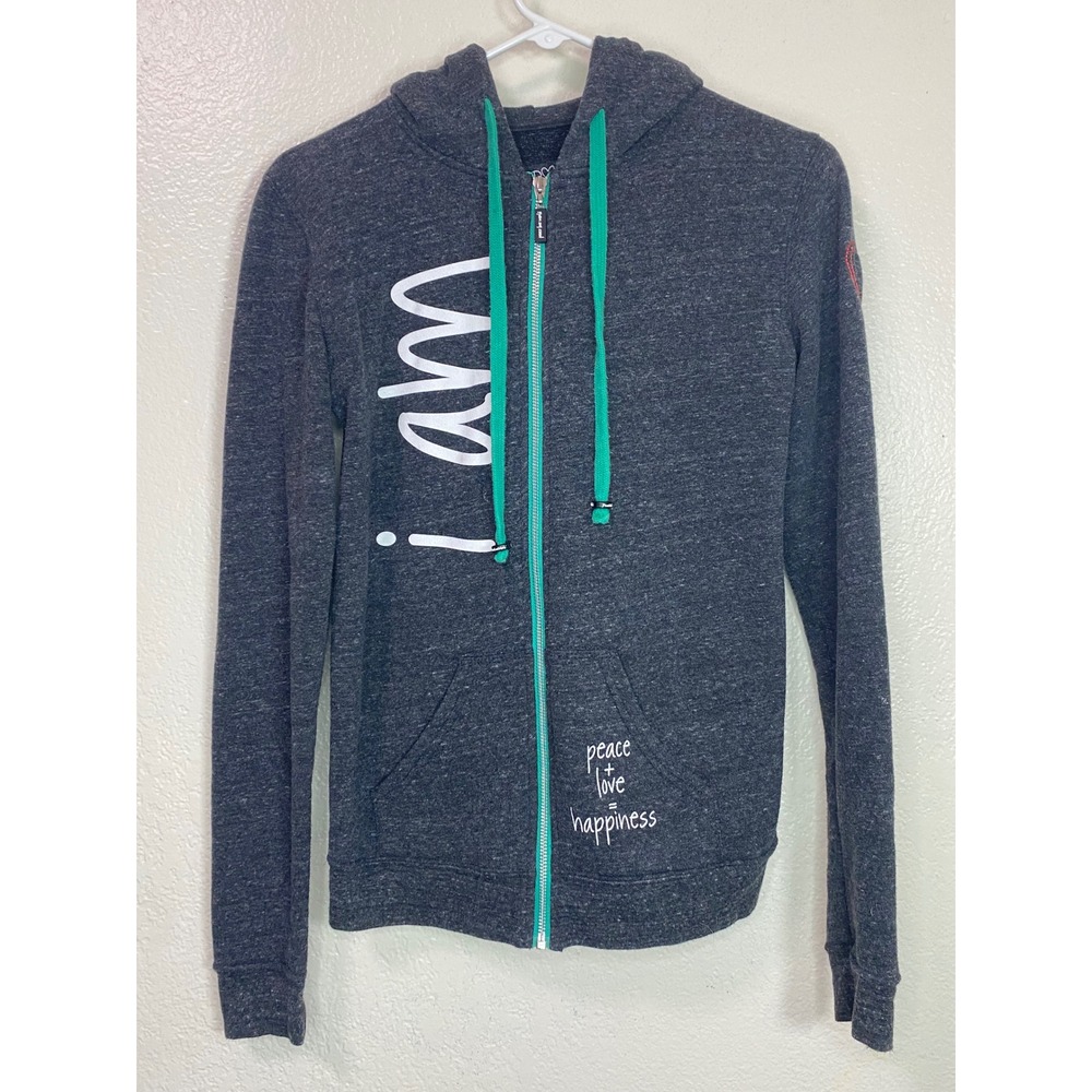 Peace Love World Womens XS Gray Teal I Am Peace Graphic Zip Hoodie